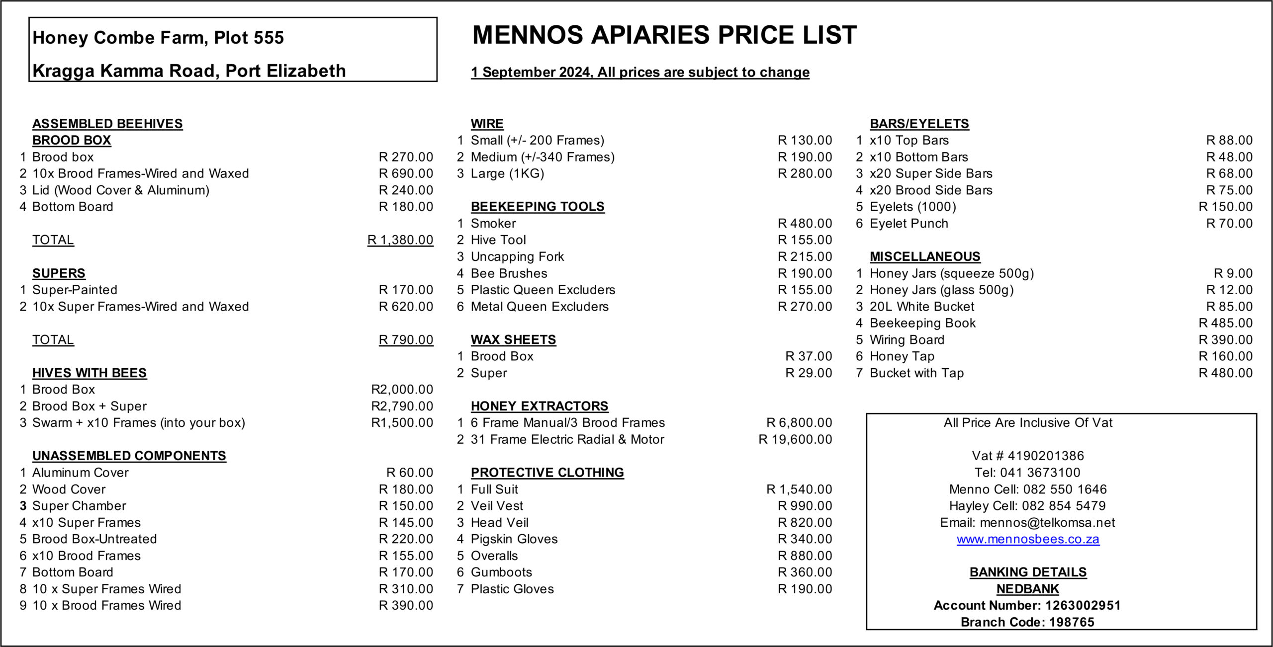 Mennos Apiaries - Price List - September 2024